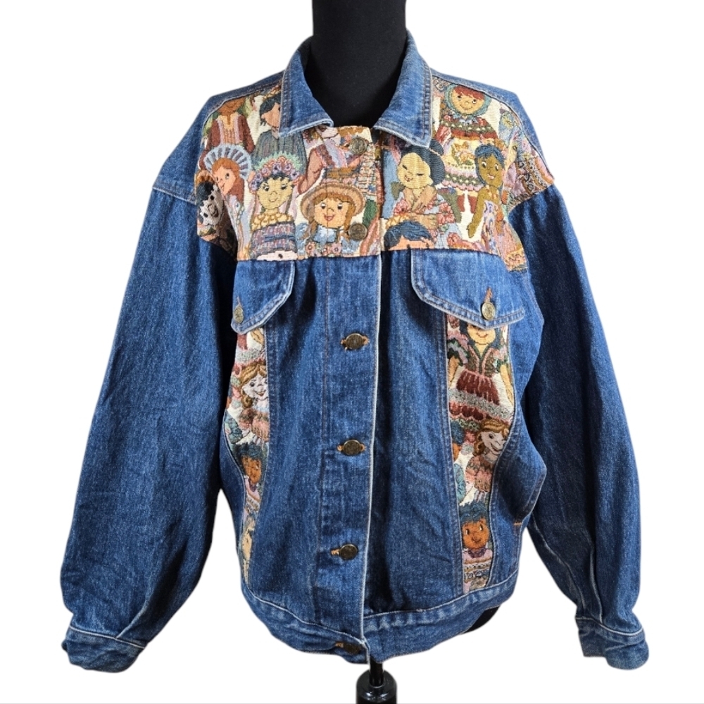 Vintage Nadia Denim Jacket Tapestry Patchwork Cottagecore Size Small, Made USA